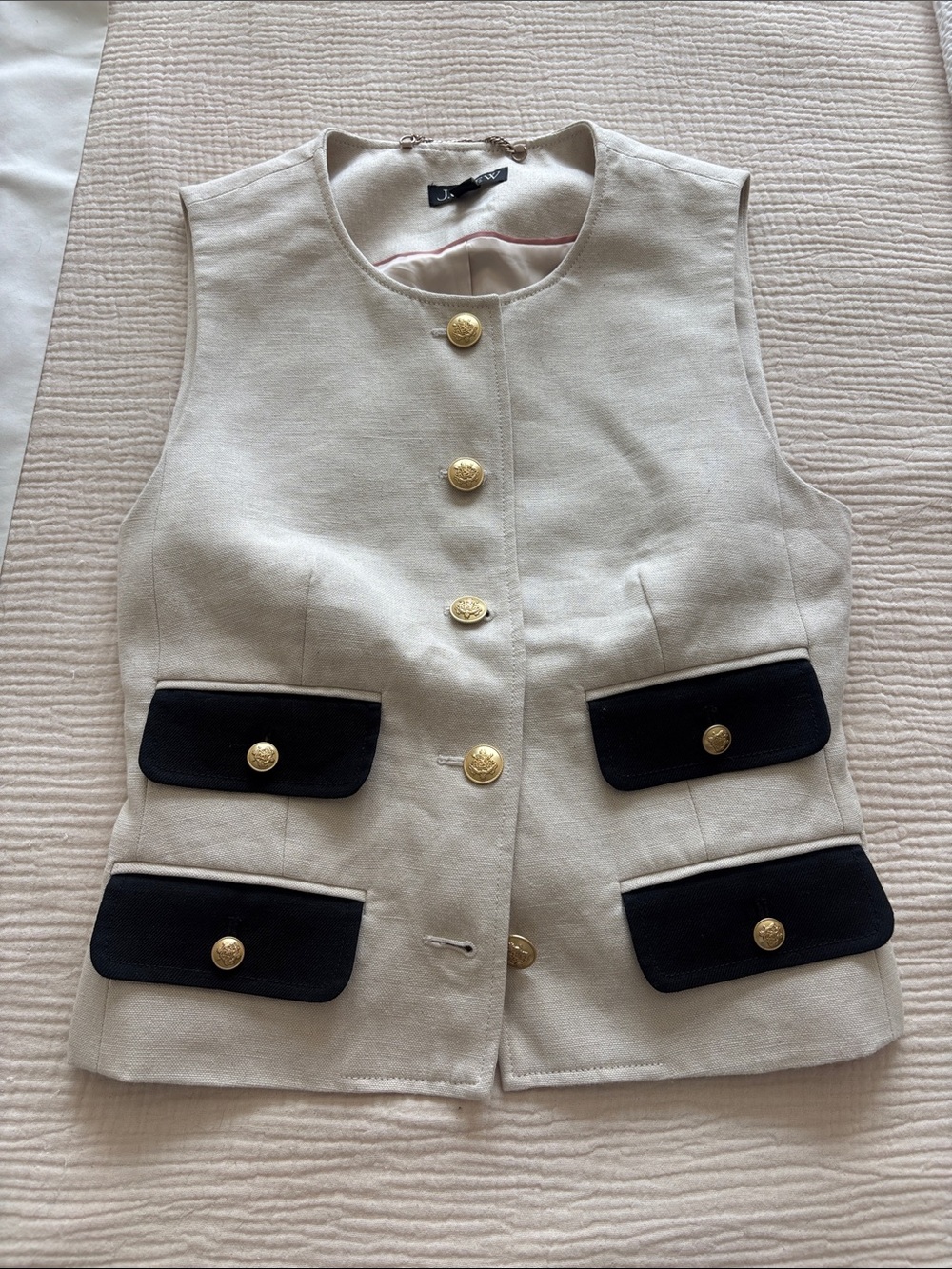 J. Crew Cream Vest with Black Flap Pockets and Gold Buttons